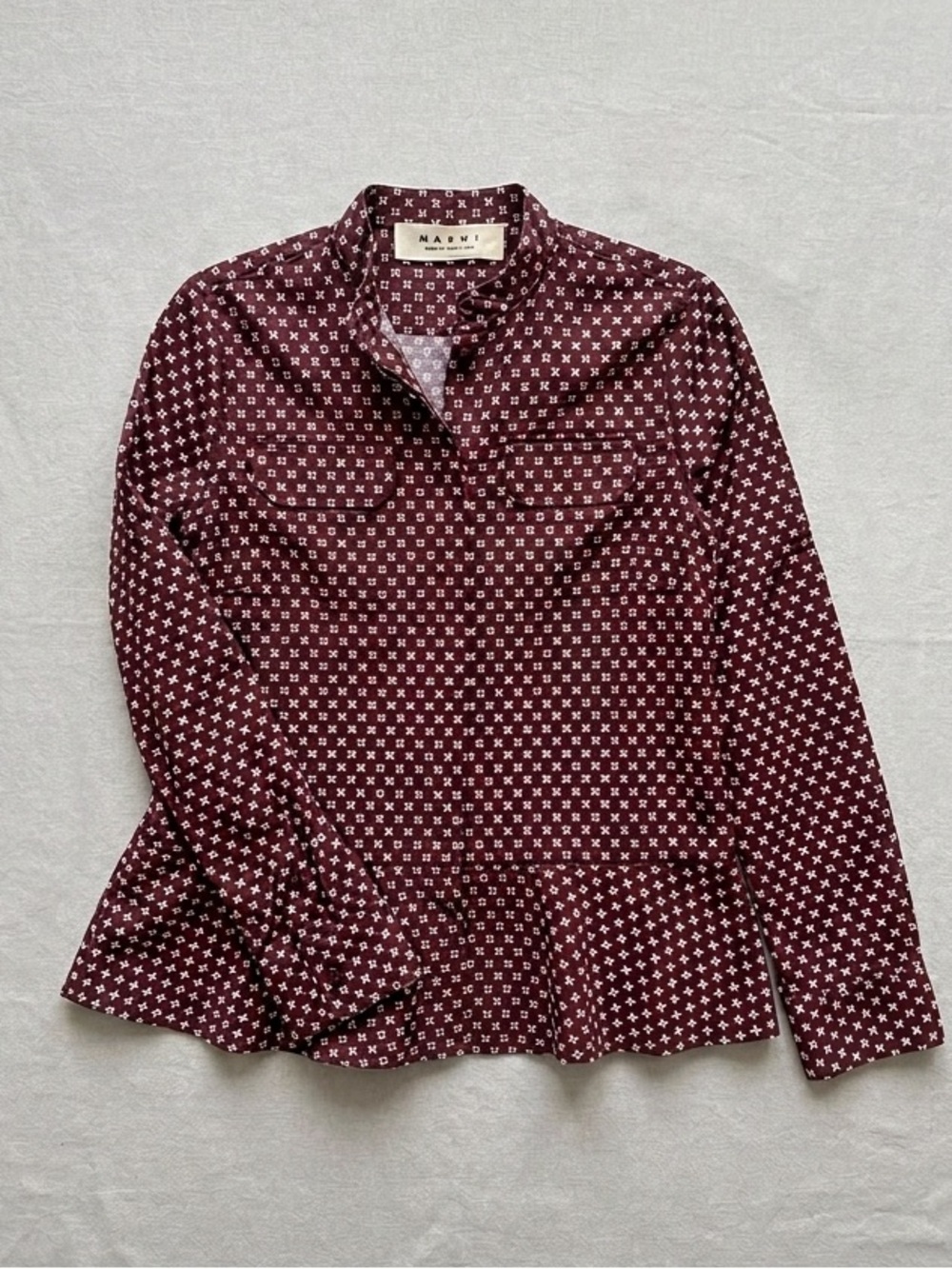 MARNI Peplum Hem Cotton Button Down Dress Shirt Blouse Womens 6 Mod Print Preppy